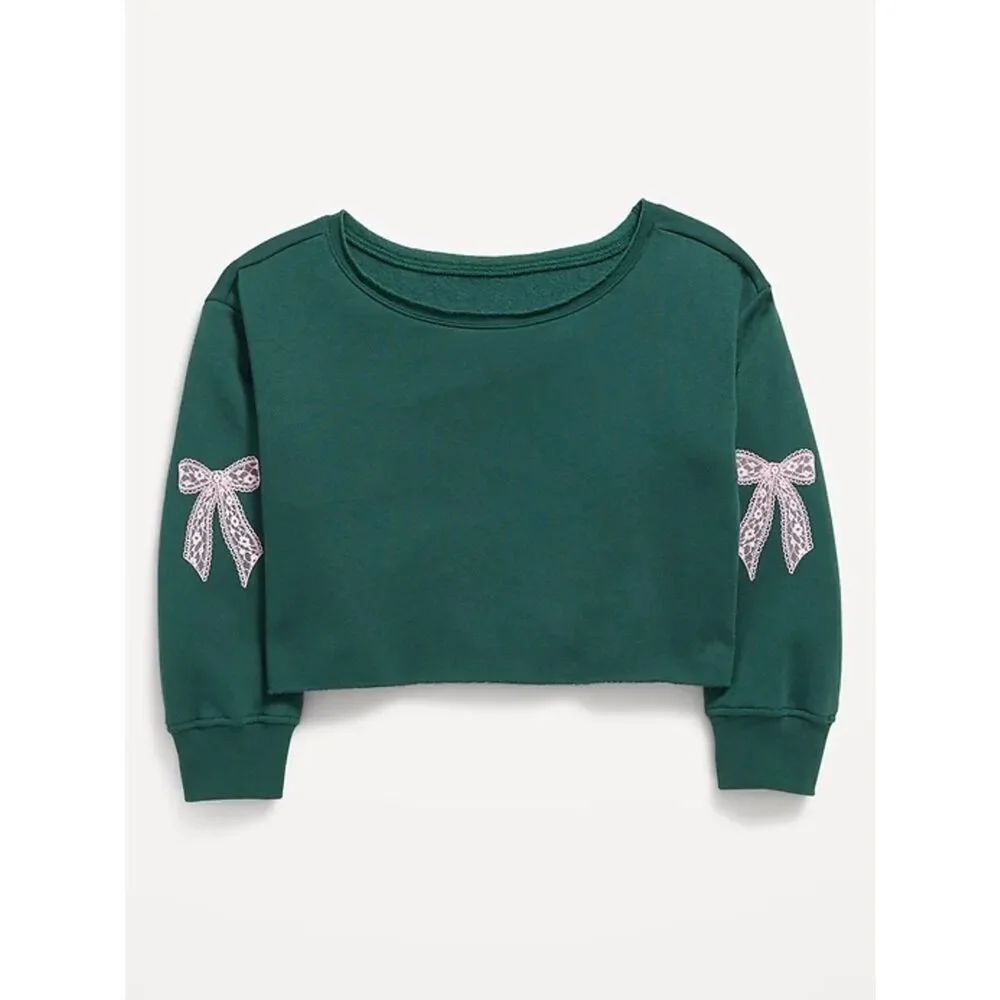 OLD NAVY Boatneck Cropped Sweatshirt Green Pink Bow Sleeve Girls EUC XXL 18